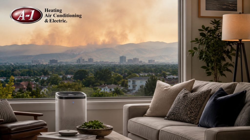 Wildfire smoke over the Treasure Valley behind a Meridian home with clean indoor air.