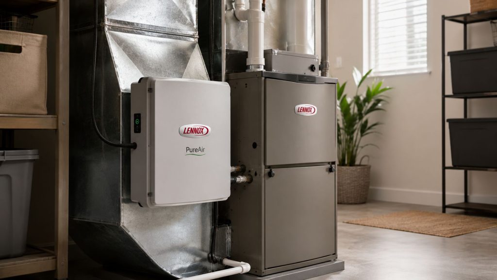Lennox PureAir whole-home air purifier installed by A-1 Heating in a Meridian home.